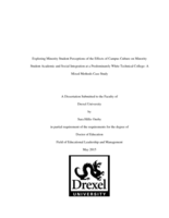 Exploring minority student perceptions of the effects of campus culture on minority student academic and social integration at a predominately White technical college: a mixed methods case study